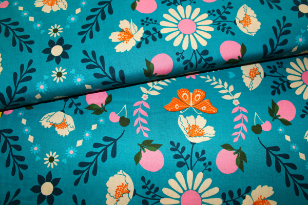 Designer- Baumwollstoff Ruby Star Society Juicy Light Blue Flowers (10 cm)